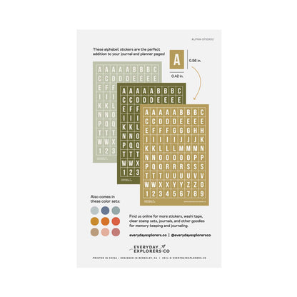 Everyday Explorers Co. Sticker Sheet - Alphabet - Simply Sage (Set of 3)