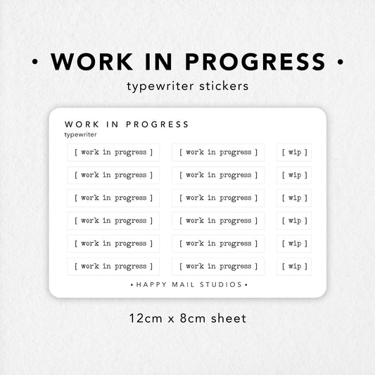 Work in progress' stickers in typewriter minimal style to customise your planners and bullet journals