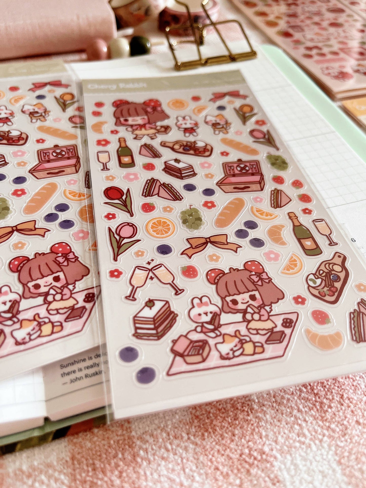 Cherry Rabbit Sticker Sheet - Lovely Picnic