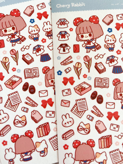 Cherry Rabbit Sticker Sheet - School Days