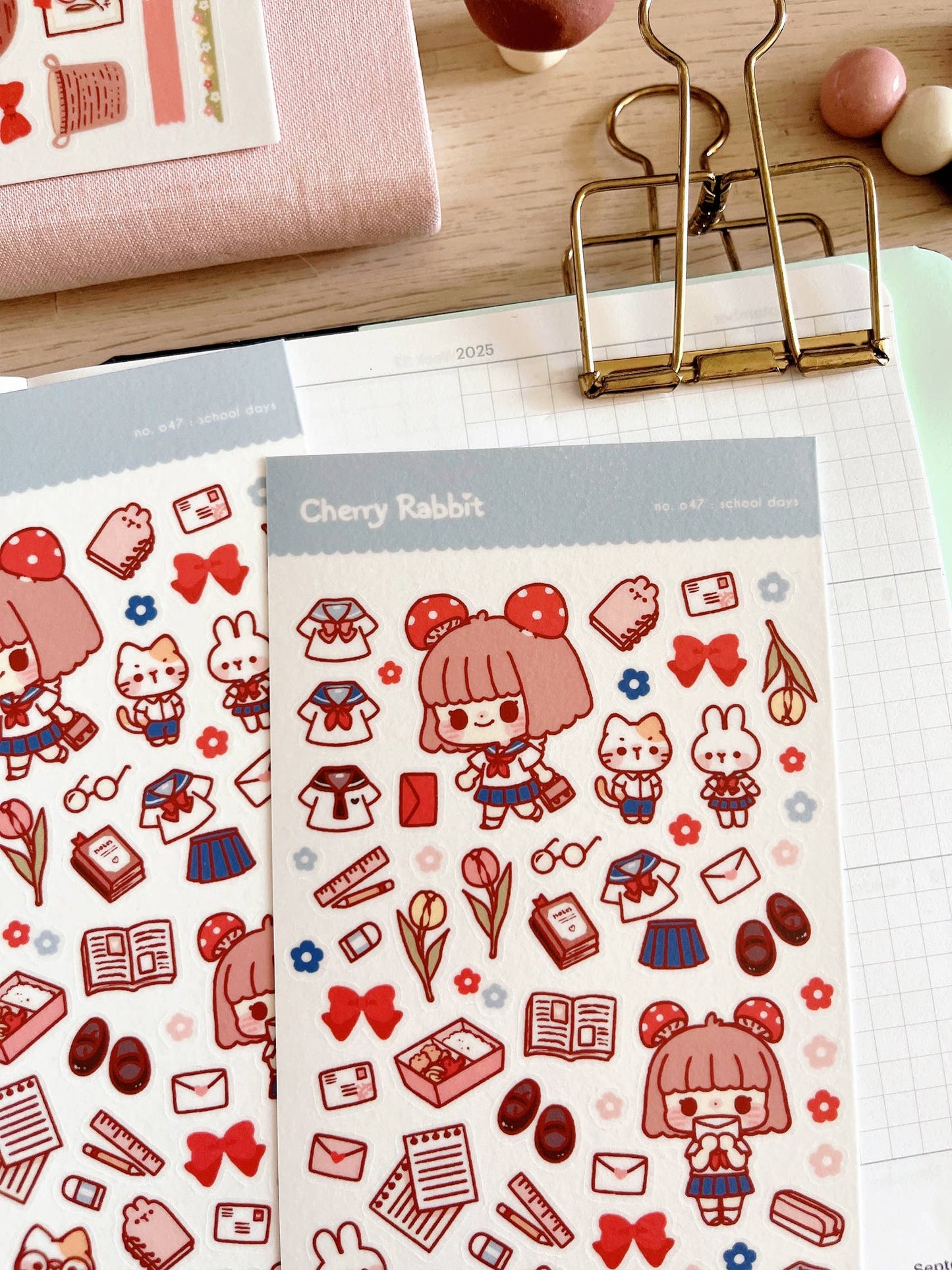 Cherry Rabbit Sticker Sheet - School Days