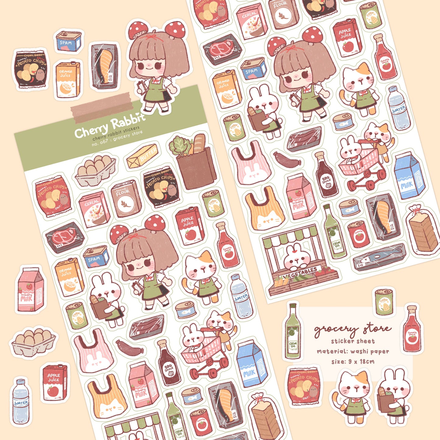 Cherry Rabbit Sticker Sheet - Grocery Store