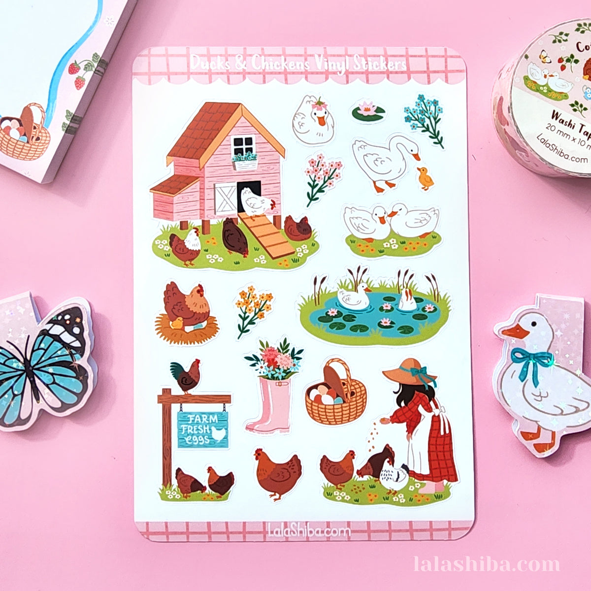 La La Shiba Sticker Sheet - Ducks & Chickens