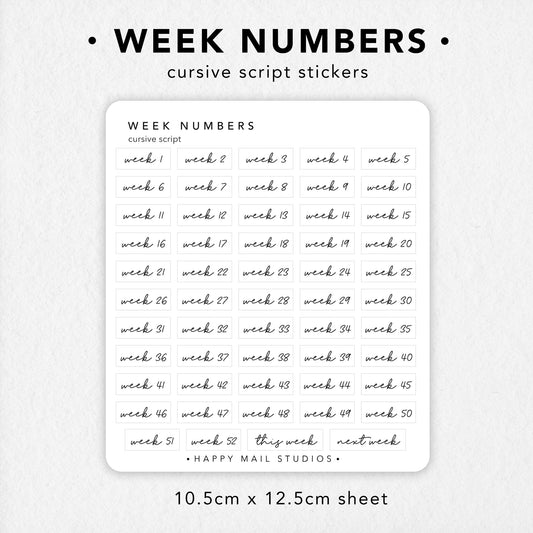 Week numbers stickers in cursive script minimal style to customise your planners and bullet journals